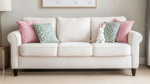 Elegant cream sofa with cute bunnythemed cushions, placed in a stylish living room with whimsical wall art, sofa, charming and sophisticated photo