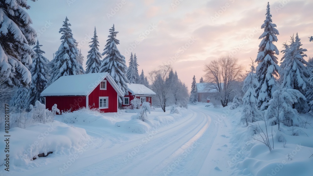 Snowy Swedish Winter Landscape, Red Houses, Snow-Covered Trees, 8K Resolution Snowy Swedish Winter Landscape, Red Houses, Snow-Covered Trees, 8K Resolution