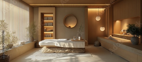 Serene spa room with massage table, natural light, and minimalist design.