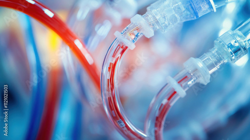 Close up of ECMO circuit tubing with blood flow, showcasing intricate details and vibrant colors. image captures complexity of medical equipment used in critical care