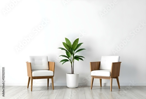 A white modern armchair with wooden accents, a potted plant , and another white armchair with wooden accents against a plain white wall