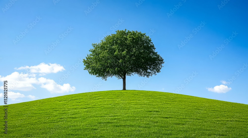 Green tree stands alone on a grassy hill under a clear blue sky with fluffy clouds Green tree stands alone on a grassy hill under a clear blue sky with fluffy clouds