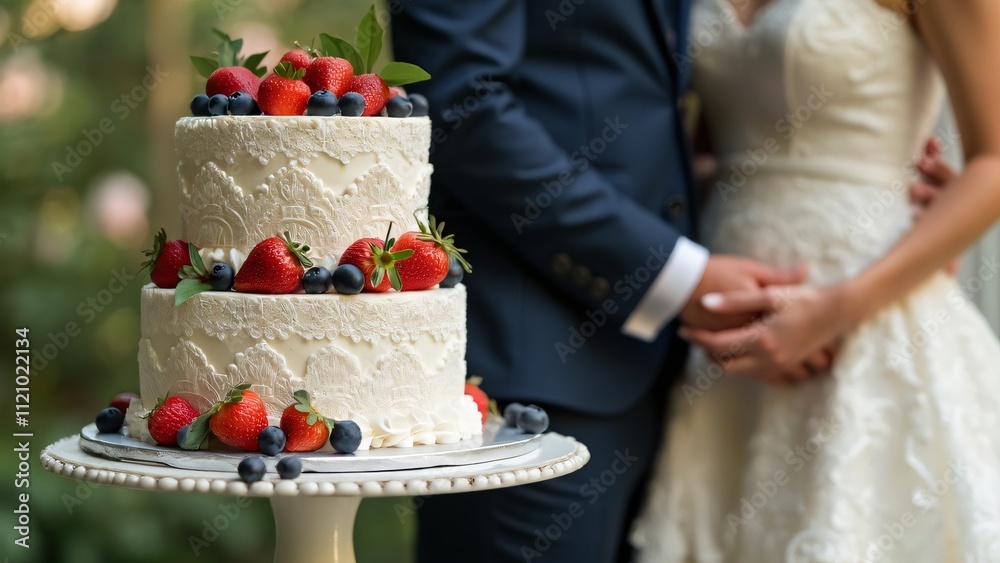 Elegant Two-Tiered Wedding Cake with Lace, Strawberries, and Blueberries, Bride and Groom in Soft Daylight Elegant Two-Tiered Wedding Cake with Lace, Strawberries, and Blueberries, Bride and Groom in Soft Daylight