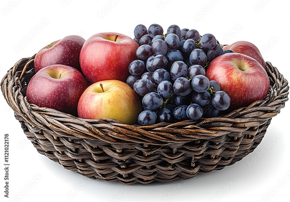 A wicker basket holds red apples and dark grapes A wicker basket holds red apples and dark grapes