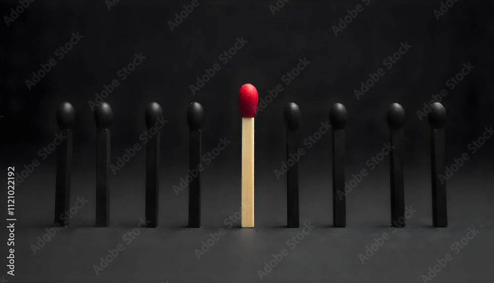 Red Match Stick among a group of black. Difference or Unique Concept. Red Match Stick among a group of black. Difference or Unique Concept.