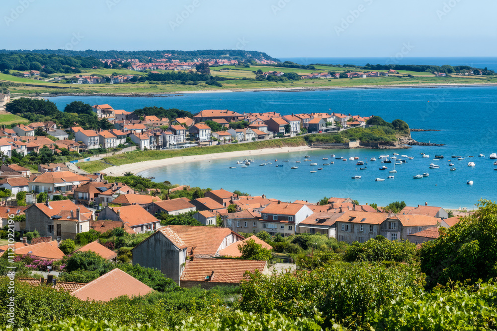 Scenic coastal view of a charming village surrounded by boats and greenery near the sea Scenic coastal view of a charming village surrounded by boats and greenery near the sea