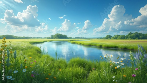 Serene Summer River Landscape, Wide-Angle View of Calm Water, Lush Green Grass, and Distant Forest under a Blue Sky with Fluffy Clouds