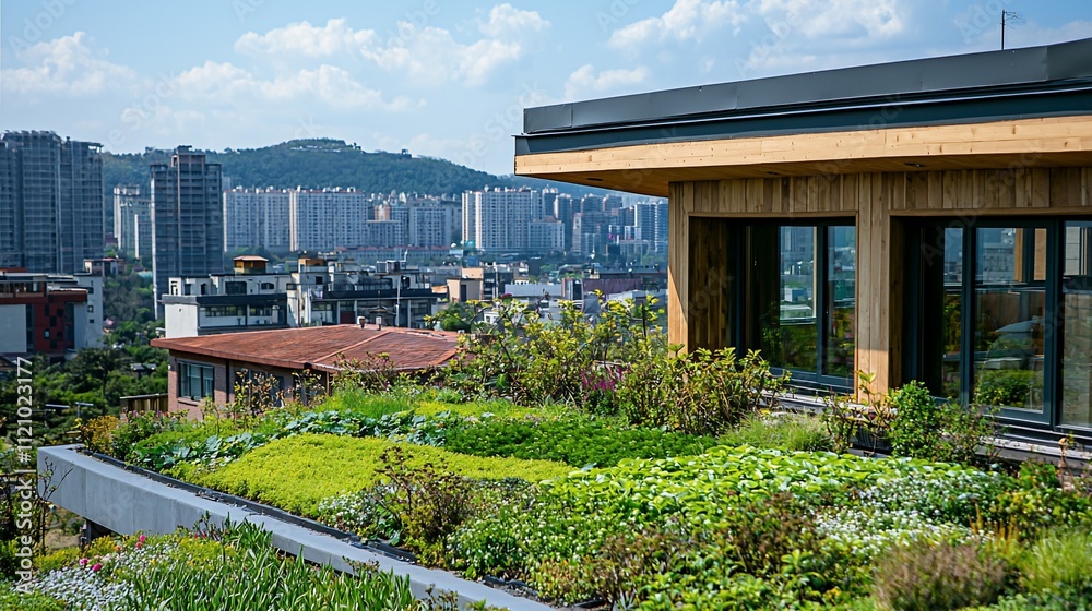 Green rooftop garden overlooking city skyline.