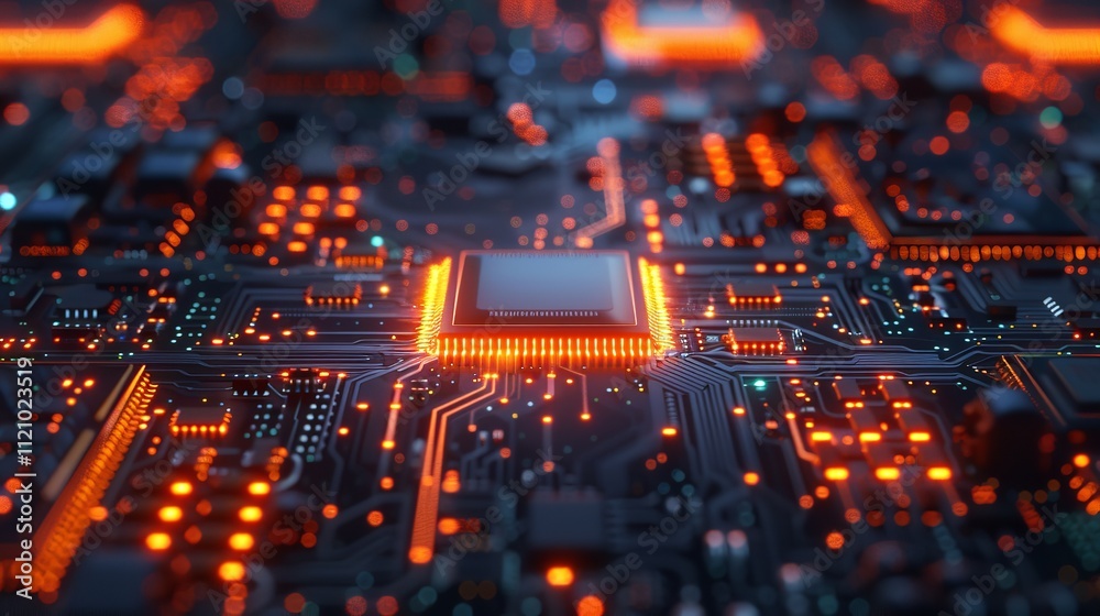 Complex electronic circuit board with glowing orange lights, representing the power of technology and innovation. Complex electronic circuit board with glowing orange lights, representing the power of technology and innovation.
