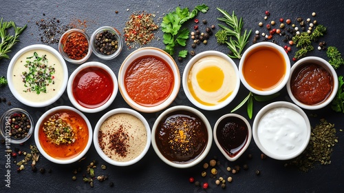 Fototapeta Naklejka Na Ścianę i Meble -  A vibrant selection of various sauces and spices in bowls.