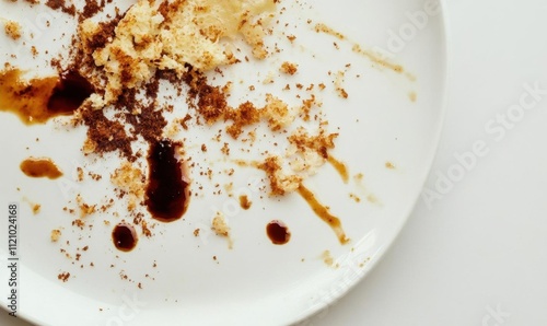 A plate with remnants of food, showcasing crumbs and sauces.