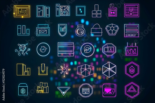 Wallpaper Mural A series of RGB linear icons for NFTs, showcasing blockchain technology and virtual collectibles, created in an editable stroke style to visualize the emerging virtual asset market. Torontodigital.ca