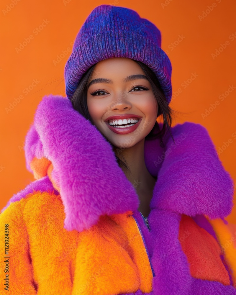 A woman wearing a beanie and a floral jacket A woman wearing a beanie and a floral jacket