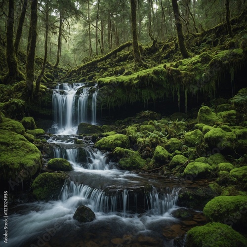 A waterfall cascading down moss-covered rocks in a dense forest.

