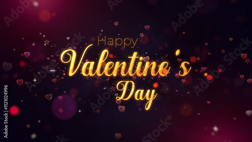 Elegant design featuring golden Happy Valentines Day text, glowing hearts, stars, and a dreamy red bokeh background, perfect for romantic or festive celebrations.