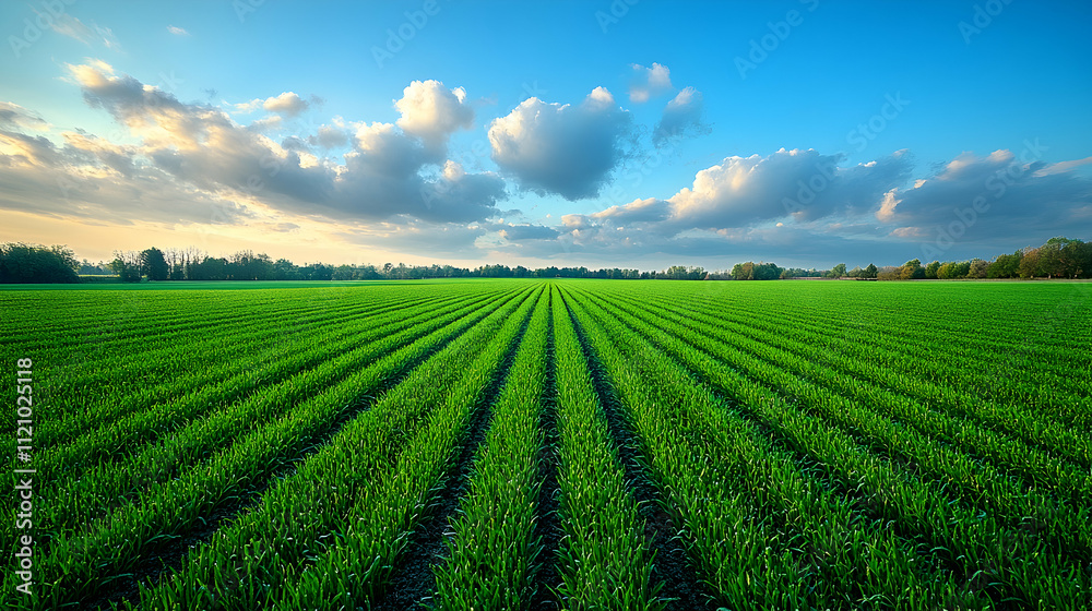 Lush green agricultural field with rows of crops under a partly cloudy sky at sunset. Lush green agricultural field with rows of crops under a partly cloudy sky at sunset.