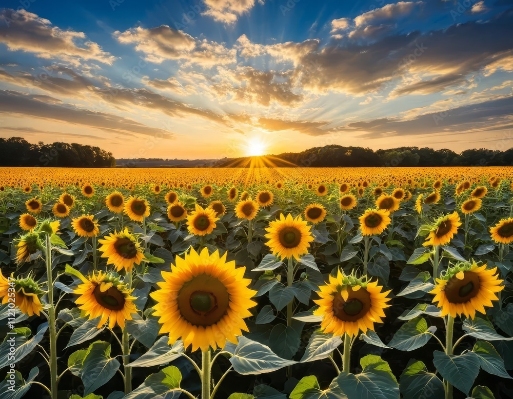Fototapeta premium Sunflowers at Sunset: A Vibrant Field Bathed in Golden Light
