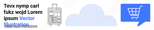 Shopping cart inside blue speech bubble, mobile suitcase with transparent front, light blue abstract cloud. Ideal for online shopping, travel, cloud storage, ecommerce, customer service
