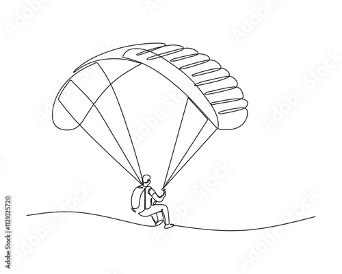 A continuous line drawing of a person paragliding, seated in a harness and holding onto the control lines of the fully inflated paraglider above. Ideal for adventure and outdoor activity themes
