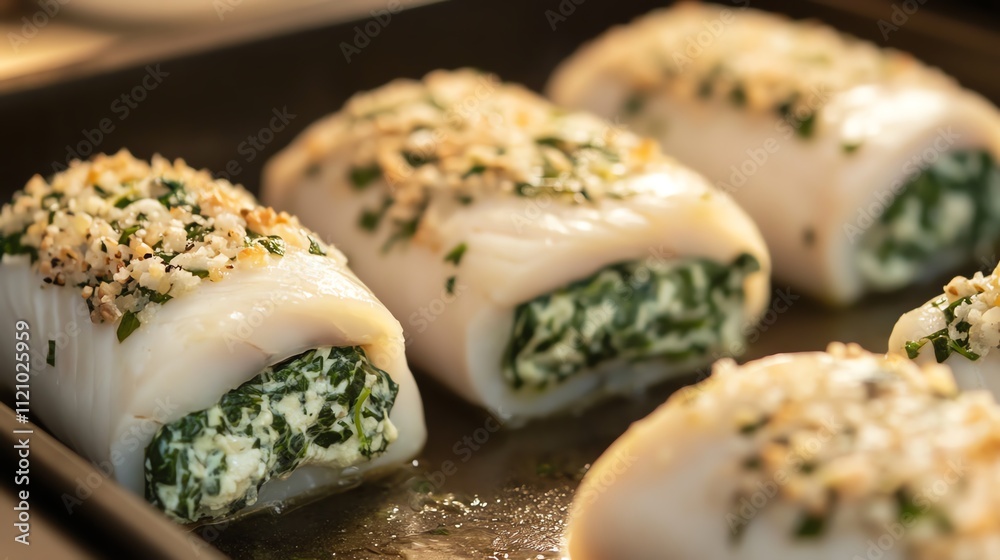 Delicious stuffed rice rolls with savory spinach filling. Delicious stuffed rice rolls with savory spinach filling.