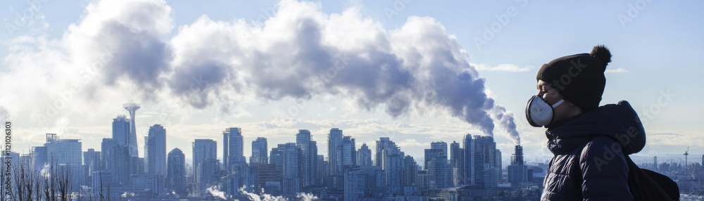 image depicts person wearing mask against backdrop of city skyline with visible air pollution. scene highlights impact of urban pollution on health and environment.A person in mask stands against image depicts person wearing mask against backdrop of city skyline with visible air pollution. scene highlights impact of urban pollution on health and environment.A person in mask stands against