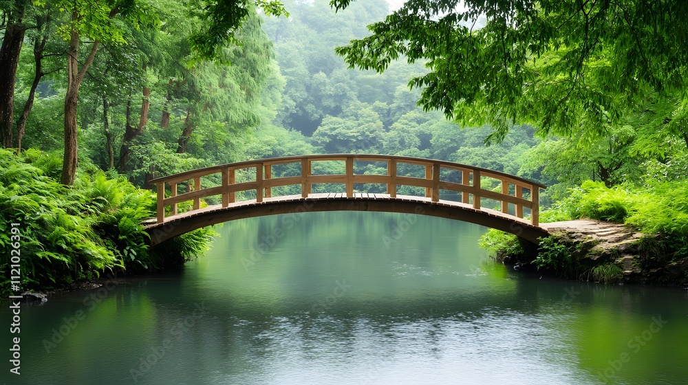 Serene wooden bridge crossing a tranquil river in lush nature peaceful landscape photography aesthetic viewpoint