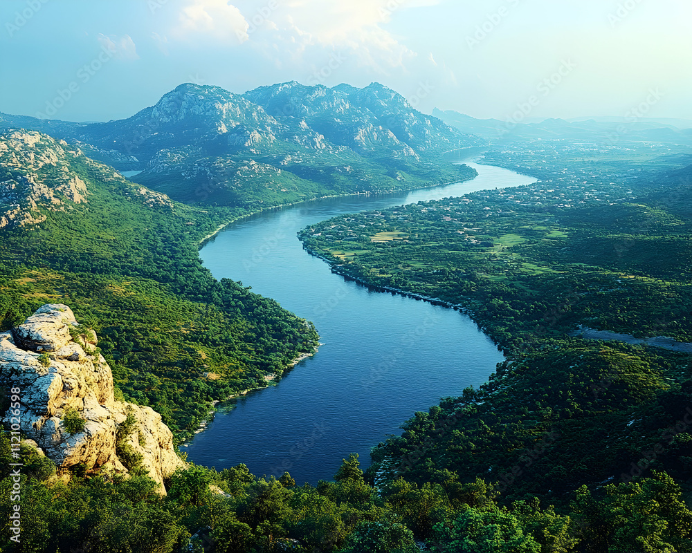 Obraz premium Serene river winding through lush green mountains and valley.