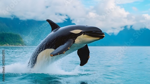 Dramatic whale breaching in the ocean coastal waters wildlife photography serene environment aerial view marine life concept for seo impact photo