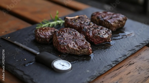 Grilled steak on a slate plate with a meat thermometer. photo