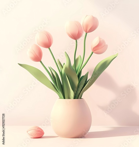 3D cartoon tulip bouquet, simple shapes and lines, soft colors, white background, simple, cute style, pink color, green leaves, cartoon style,
