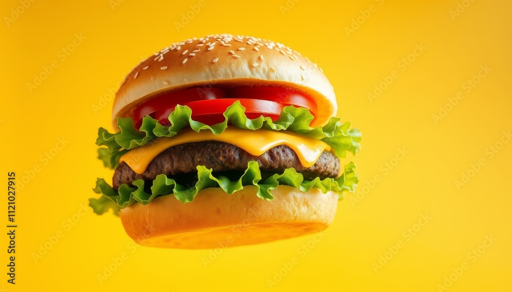 Delicious Juicy Cheeseburger Against Yellow Background Delicious Juicy Cheeseburger Against Yellow Background