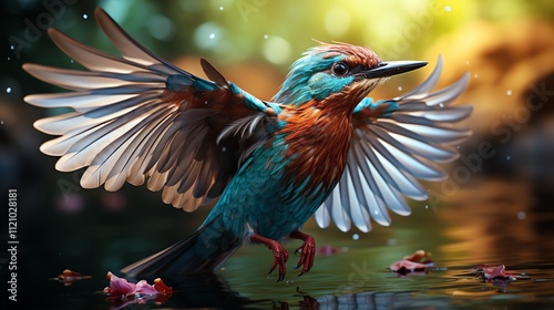 Vibrant kingfisher taking flight from water.