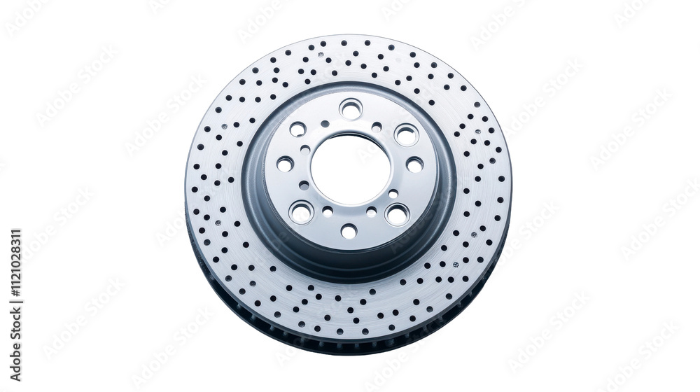 Perforated brake disc, metallic finish, circular design, integral to vehicle braking system, emphasizes safety and efficiency Isolated on white background or PNG Perforated brake disc, metallic finish, circular design, integral to vehicle braking system, emphasizes safety and efficiency Isolated on white background or PNG