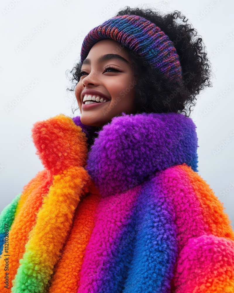 A woman wearing a beanie and a floral jacket A woman wearing a beanie and a floral jacket