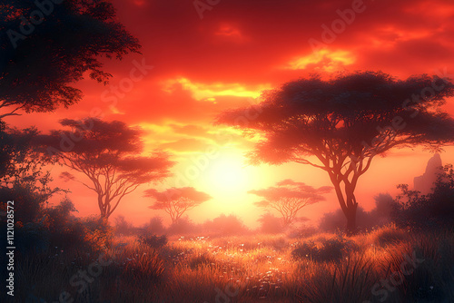 Vibrant sunset over African savanna with acacia trees and tall grass.