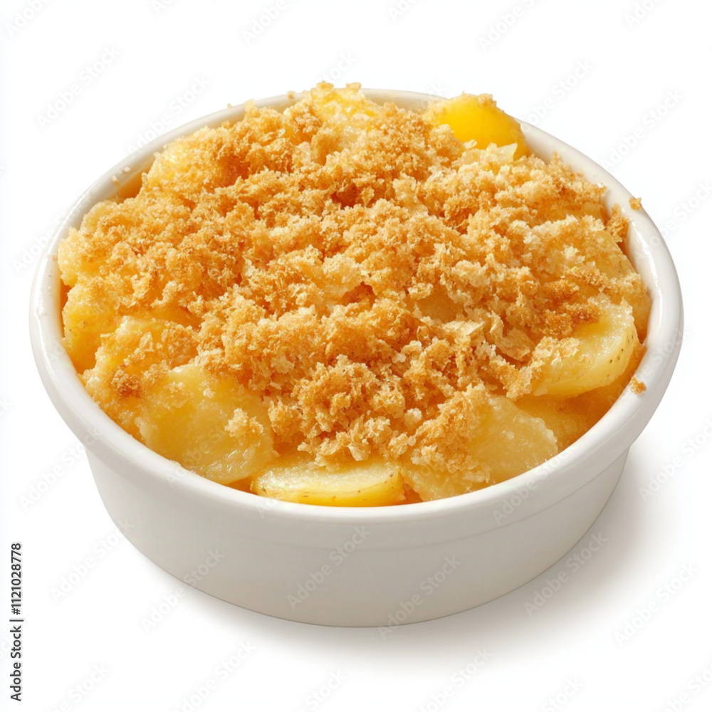 A casserole of golden, cheesy scalloped potatoes with a breadcrumb topping, white background, food photography A casserole of golden, cheesy scalloped potatoes with a breadcrumb topping, white background, food photography