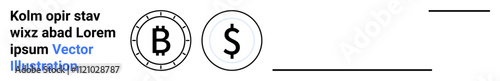 Bitcoin and dollar symbols, simple and clean design. Ideal for financial technology, cryptocurrency, digital wallets, online payments, fintech startups, modern finance, economics. Landing page
