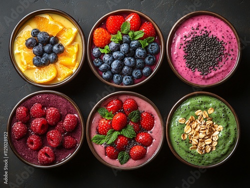 A vibrant display of colorful smoothie bowls topped with fresh fruits, seeds, and nuts, showcasing healthy and delicious options.
