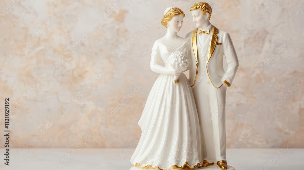 Naklejka premium Elegant porcelain wedding figurine with gold trim, personalized with the couples names and date, symbolizing cherished wedding memories