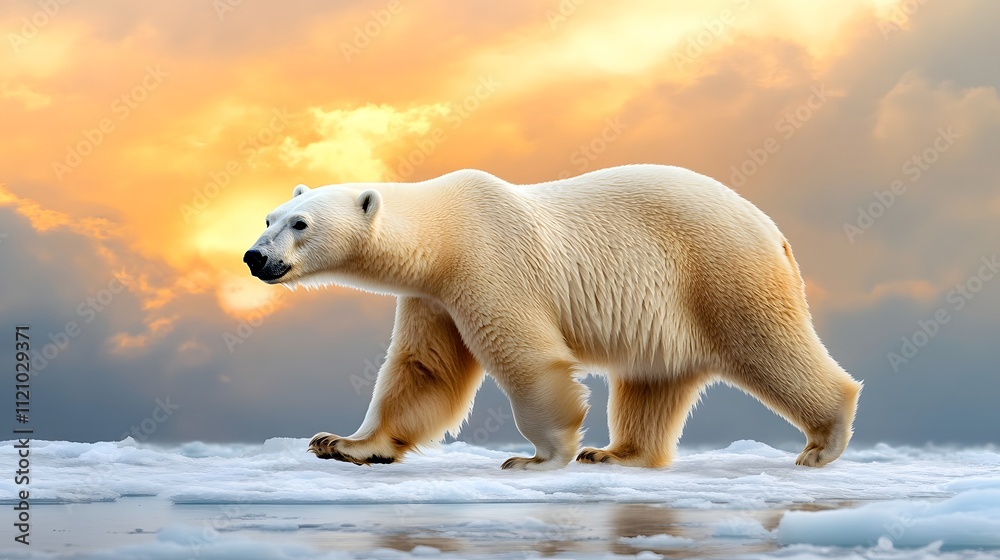 Lone polar bear walking across icy landscape at sunset nature photography arctic environment wildlife perspective serenity and isolation Lone polar bear walking across icy landscape at sunset nature photography arctic environment wildlife perspective serenity and isolation