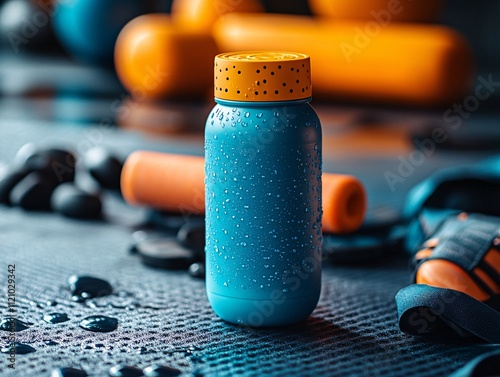 A vibrant blue sports drink bottle sits amid workout equipment, showcasing droplets of water, perfect for hydration during fitness activities.