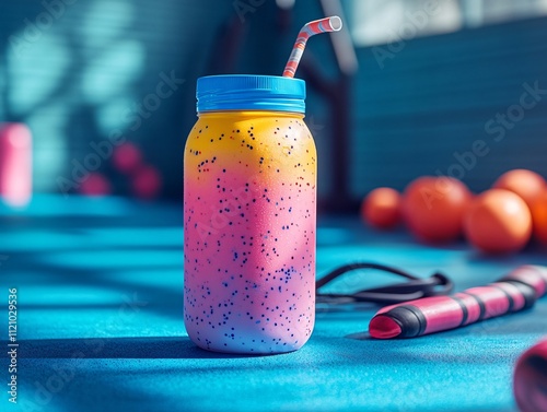 A vibrant, layered drink in a jar with a straw, set against a colorful background featuring exercise equipment and fruits.