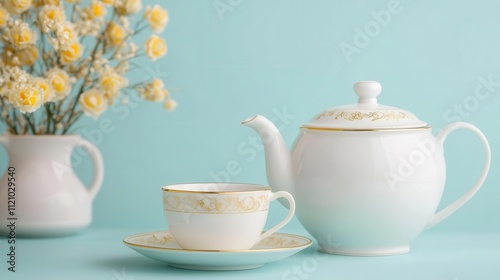 Goldtrimmed porcelain tea sets engraved with wedding details, representing a sophisticated and memorable favor