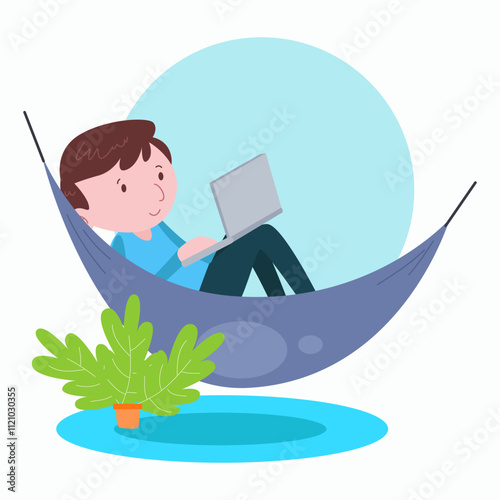 A man relaxes in a hammock while working on his laptop. This illustrates a serene and relaxed work style.