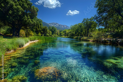 Crystal-clear river flows through lush green valley, mountains in background under sunny sky.