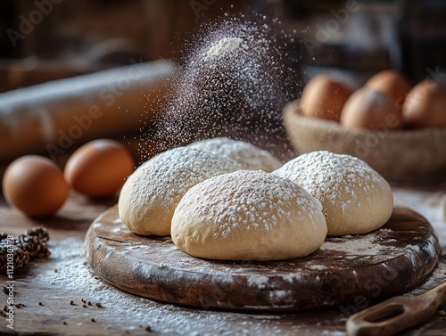 Freshly made dough rounds dusted with flour on a rustic wooden board, surrounded by eggs and a rolling pin, evoking a cozy baking atmosphere.