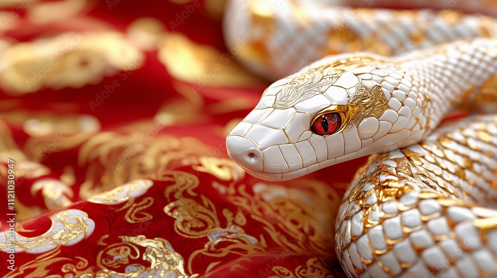 A striking white snake with golden patterns rests on a vibrant red fabric, showcasing its intricate scales and captivating red eyes. A striking white snake with golden patterns rests on a vibrant red fabric, showcasing its intricate scales and captivating red eyes.
