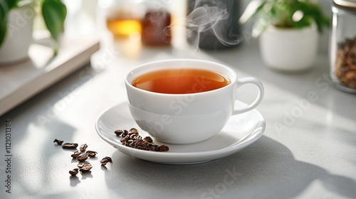 Steaming cup of tea on a saucer with tea leaves on a kitchen counter.