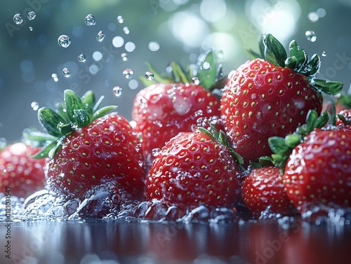 Fresh strawberries glisten with droplets of water, showcasing their vibrant red color and green leaves, set against a blurred natural background.