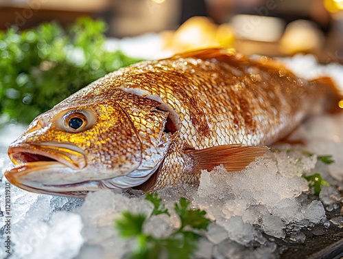 A beautifully arranged whole fish on ice, garnished with fresh parsley, highlighting its vibrant colors and freshness.